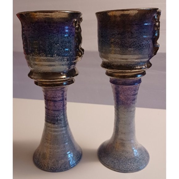 Goblets-Pair of Vintage Signed LaStella Art Pottery Goblets Medusa Mermaid OOAK - Picture 6 of 9